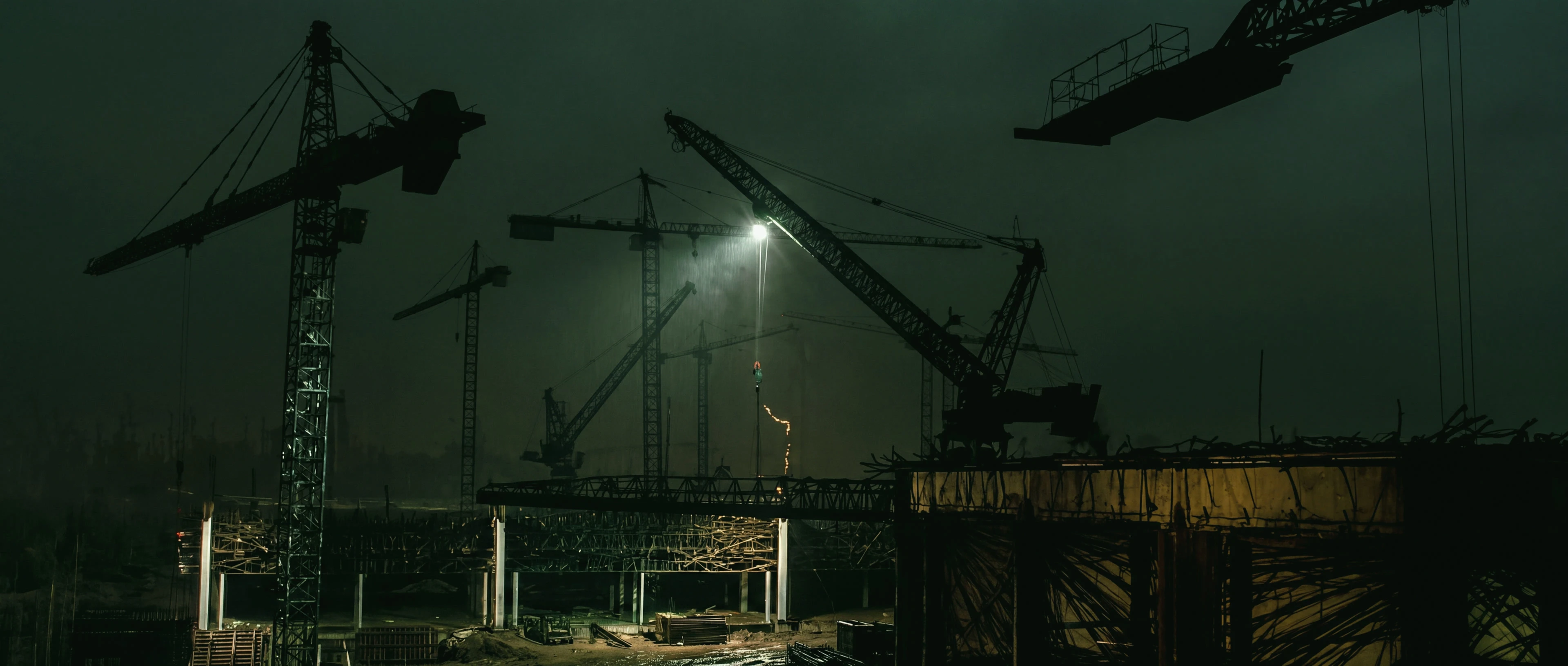 Tower cranes over a construction site at dusk, one work light burning above the deck