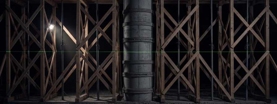Timber formwork braced around a banded concrete column on a night site